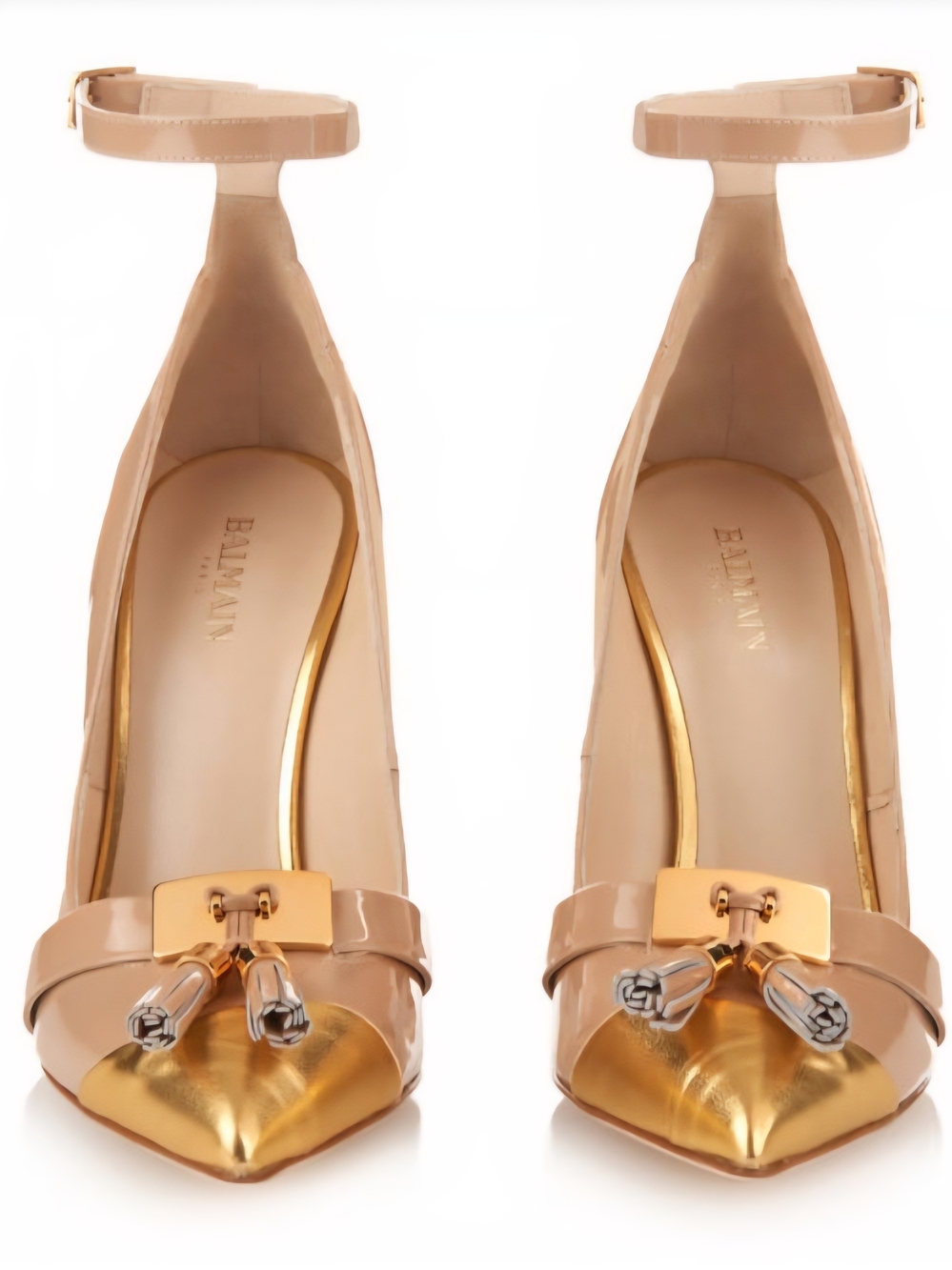 Balmain Nude Patent Leather Pointed-Toe Ankle-Strap Pumps with Gold Toe